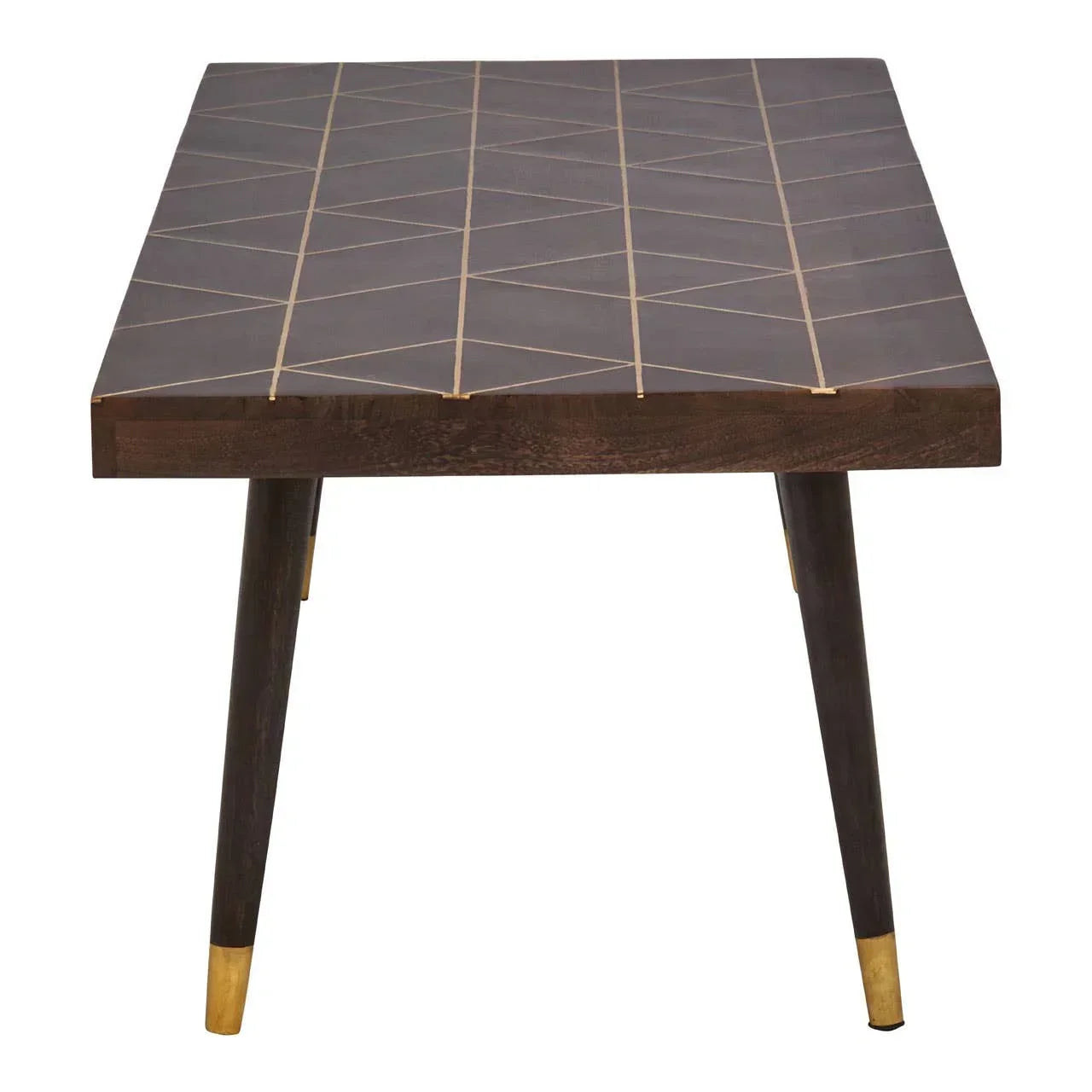 Rectangular dark wood dining table with gold geometric inlay and tapered legs, front view