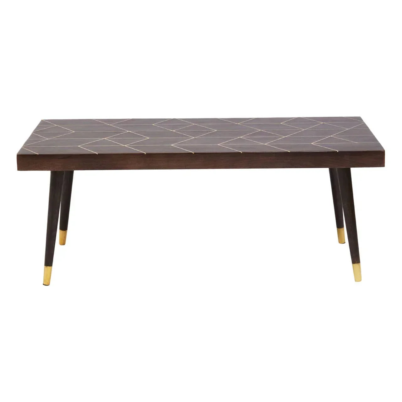 Dark wood coffee table with slim gold-tipped legs and geometric inlay pattern on top