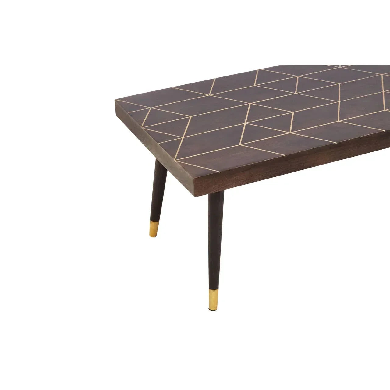 Geometric patterned wooden coffee table with angled legs and gold tips
