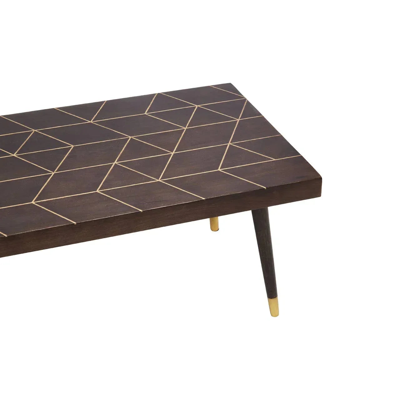 Dark wood coffee table with geometric gold pattern and angled legs with gold caps