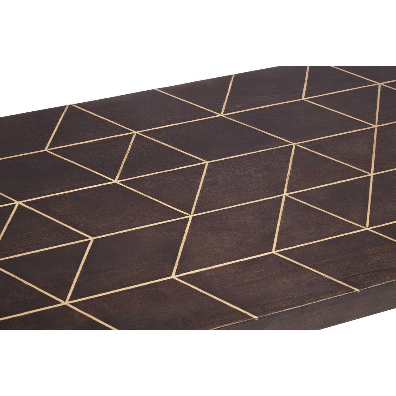 Dark wood coffee table top with geometric gold inlay pattern, close-up view