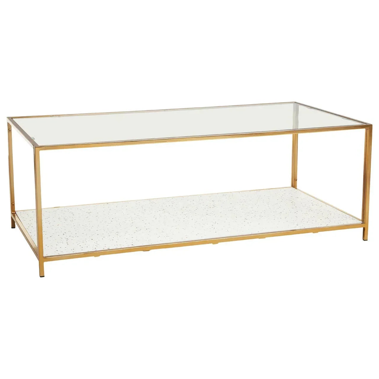 Glass coffee table with gold metal frame and white terrazzo lower shelf