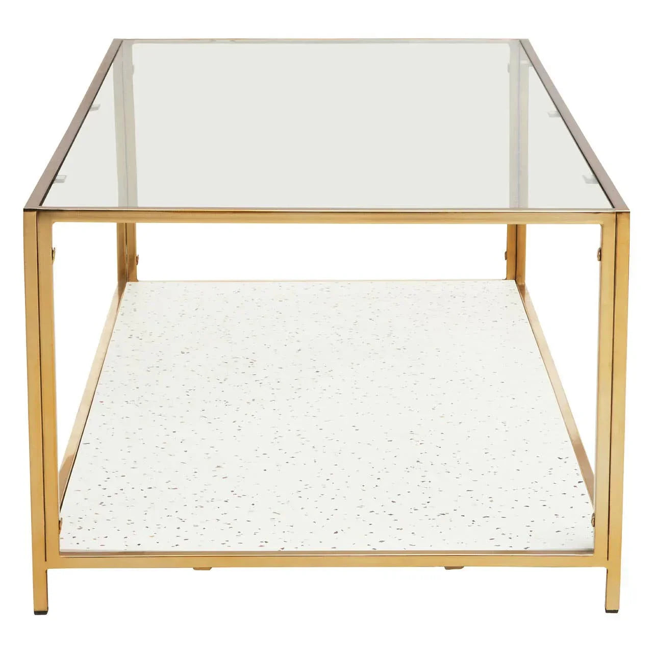 Glass coffee table with gold frame and terrazzo lower shelf, front angle view
