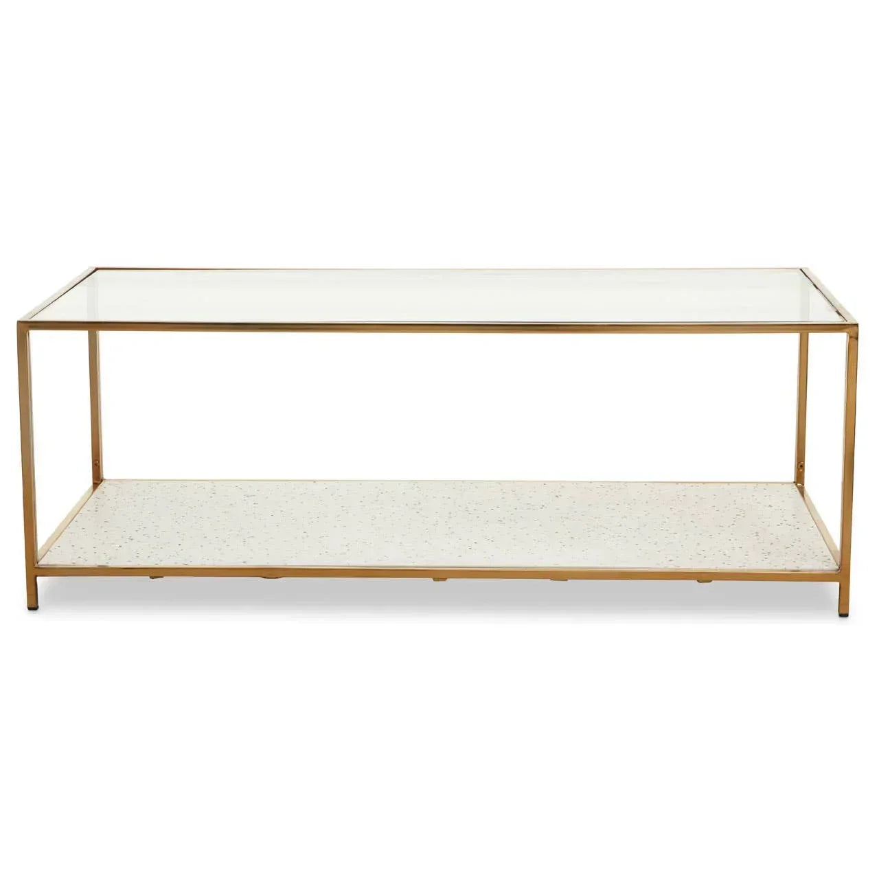 Rectangular glass coffee table with gold metal frame and white terrazzo lower shelf