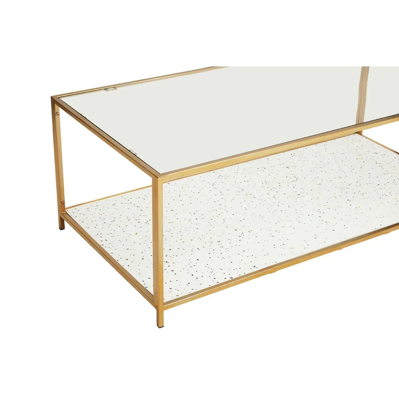 Glass coffee table with gold metal frame and terrazzo lower shelf, modern minimalist design