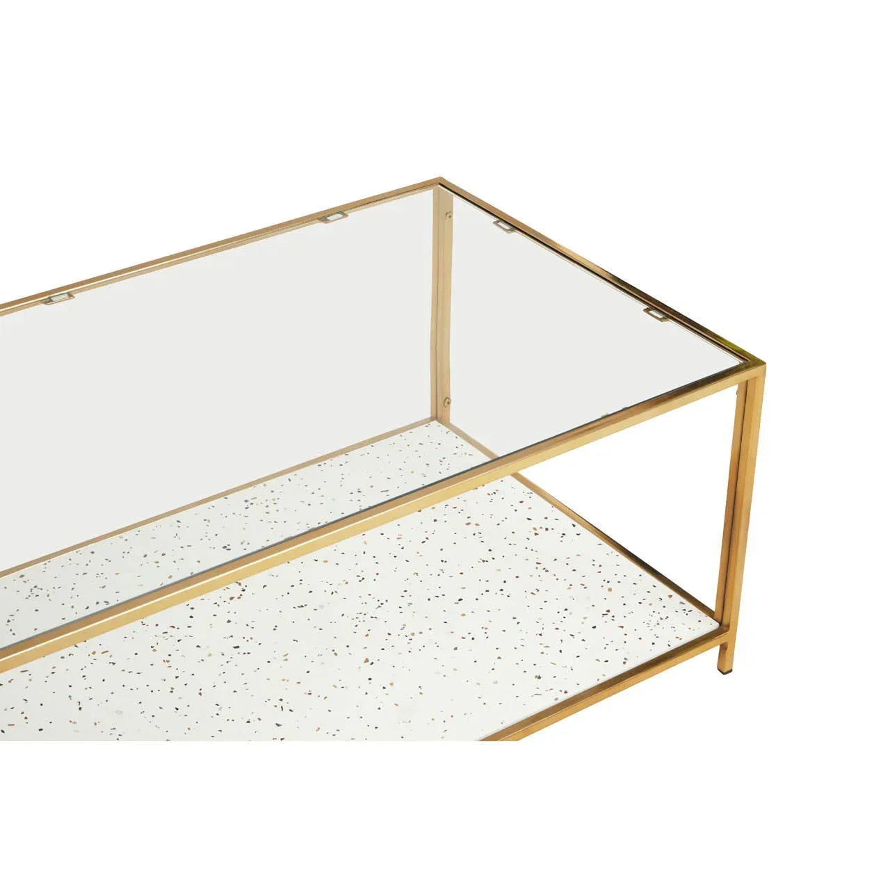 Glass coffee table with gold metal frame and terrazzo lower shelf, angled corner view