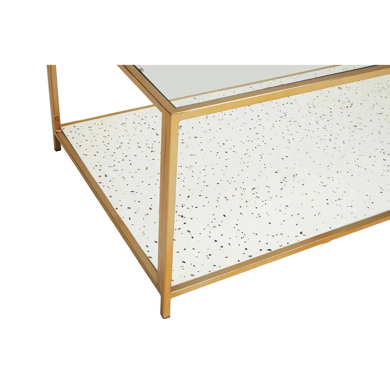 Terrazzo coffee table with gold metal frame and glass top, close-up of lower shelf