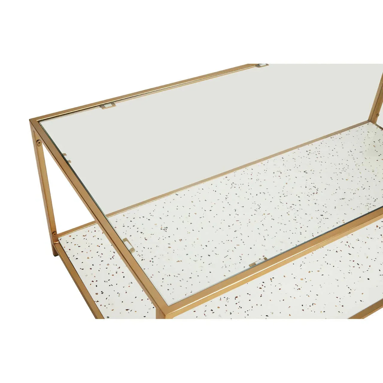 Glass coffee table with gold metal frame and terrazzo lower shelf