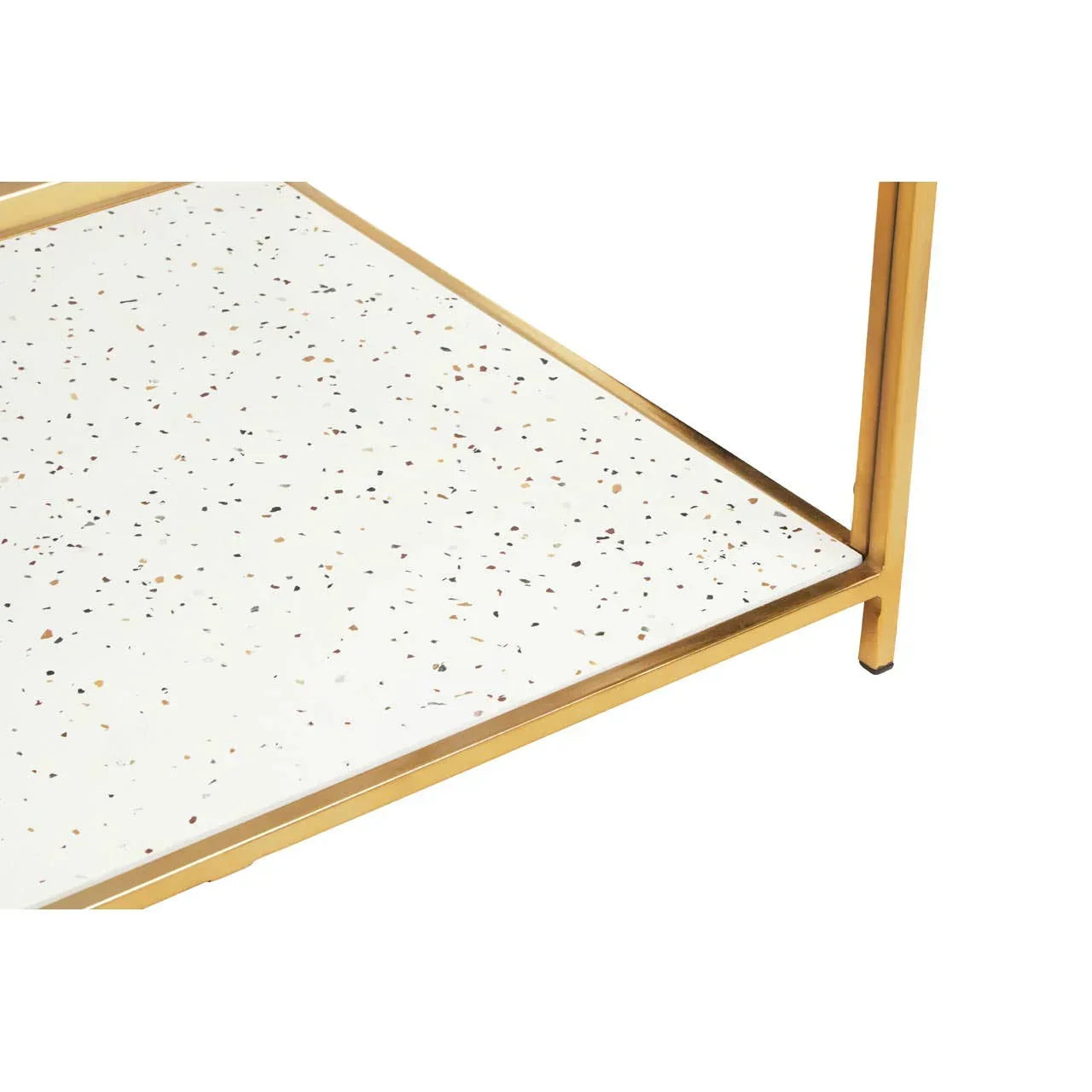 Close view terrazzo side table with gold metal frame and speckled white shelf