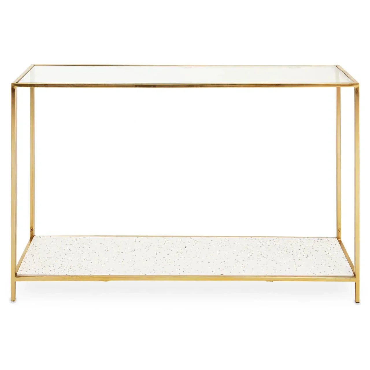 Glass console table with gold metal frame and terrazzo effect lower shelf