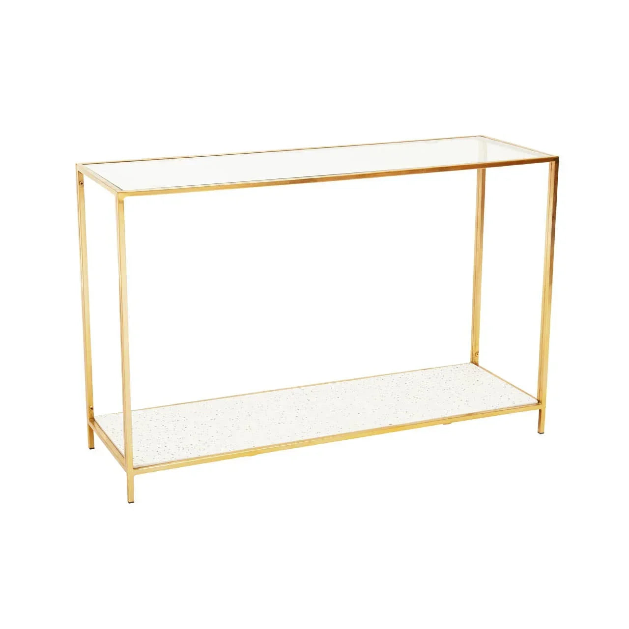 Gold console table with glass top and lower glass shelf, minimalist metal frame