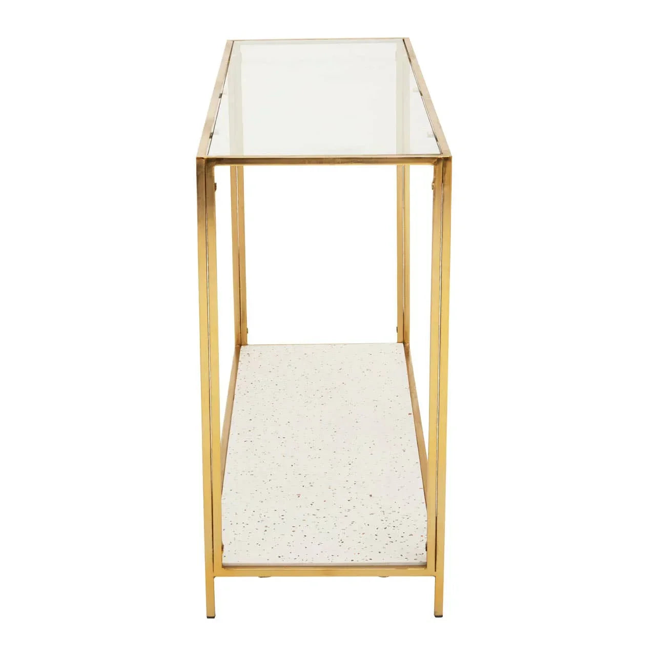Glass console table with gold metal frame and terrazzo effect lower shelf, side angle view