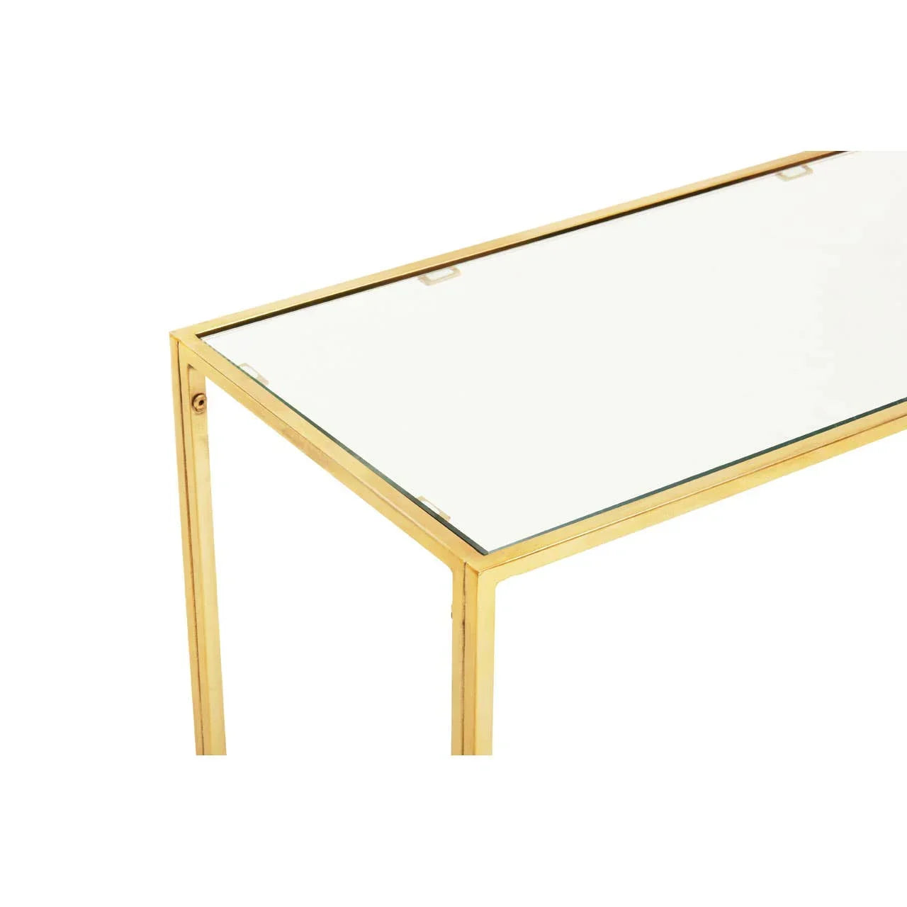 Glass console table with gold metal frame, angled view shows top and corner detail