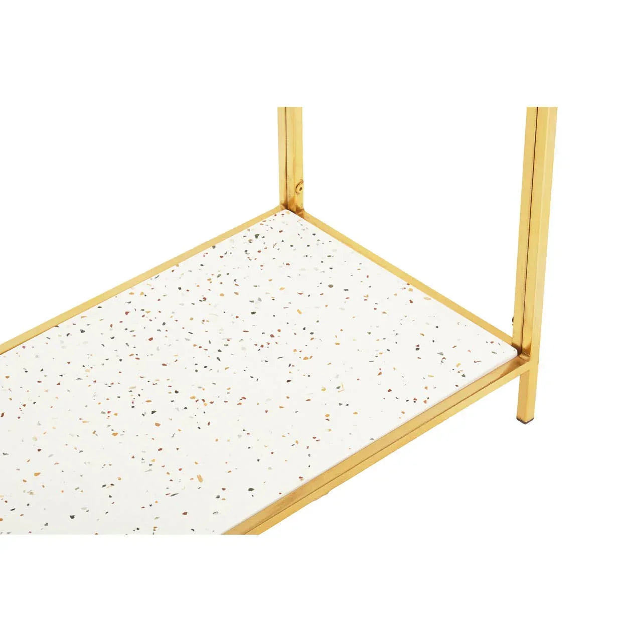 Gold metal table frame with terrazzo lower shelf featuring multicolored speckles