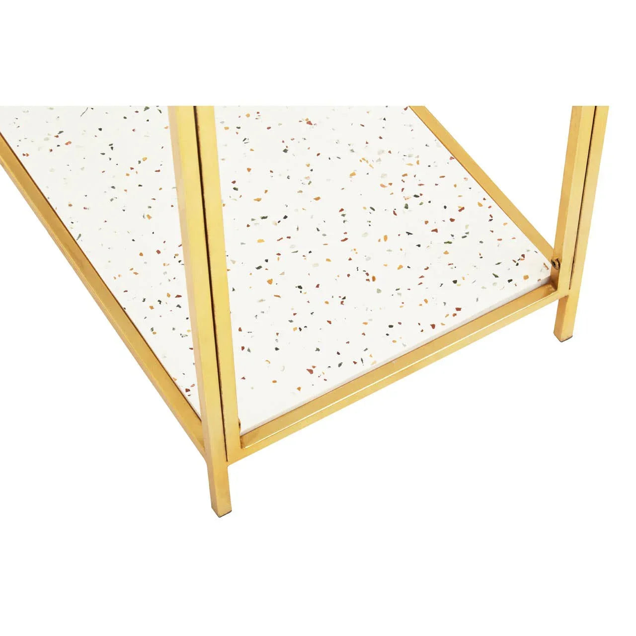 Gold metal table frame with terrazzo shelf featuring multicolored specks