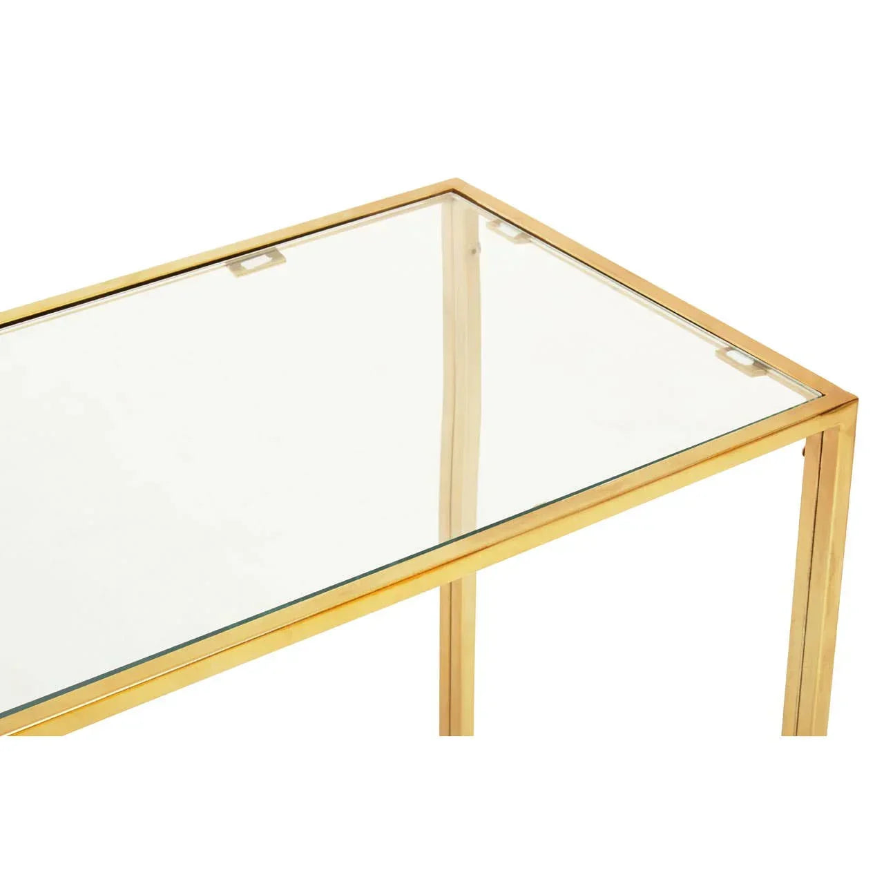 Glass top console table with gold metal frame, corner view