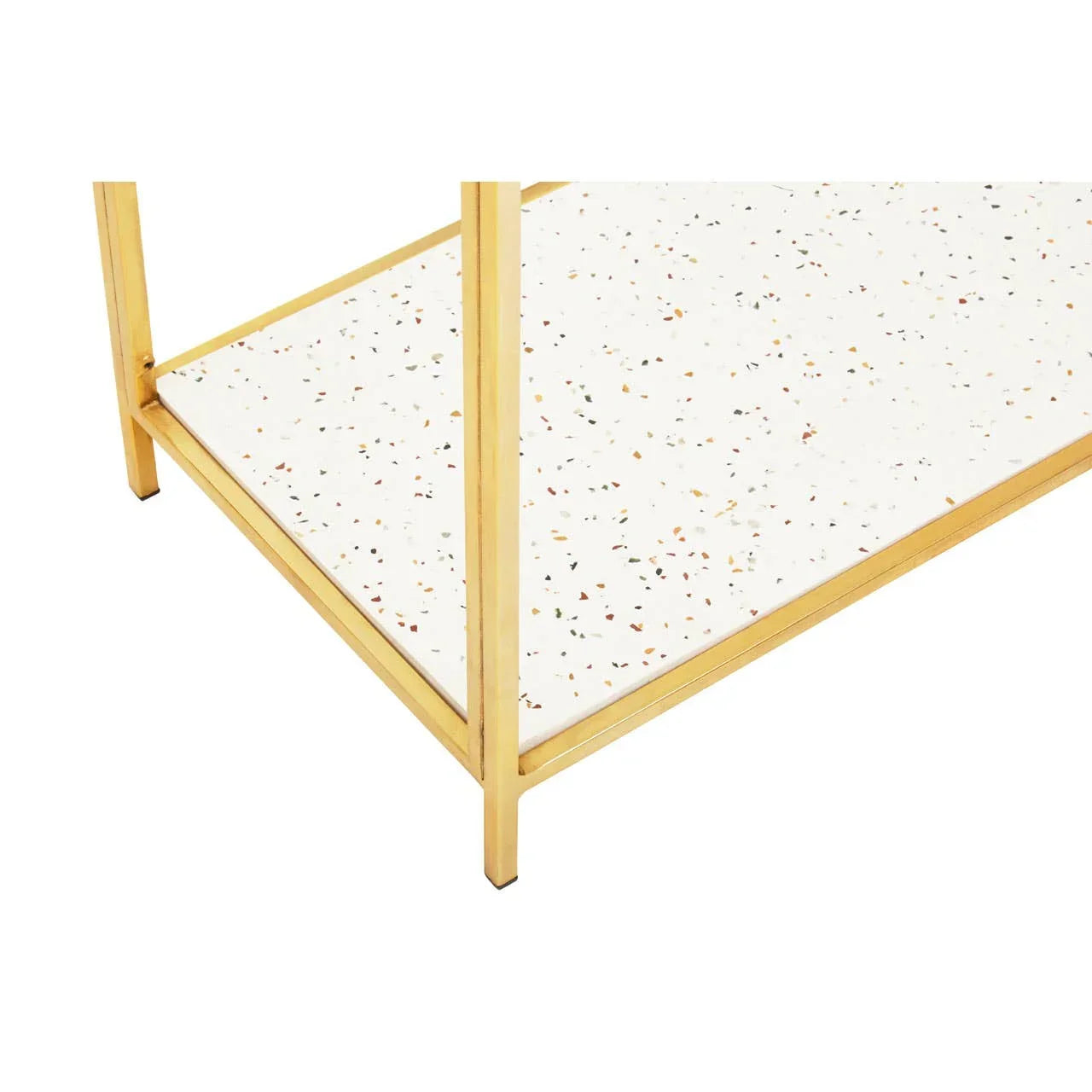 Terrazzo shelf with gold metal frame, showcasing speckled surface and modern design