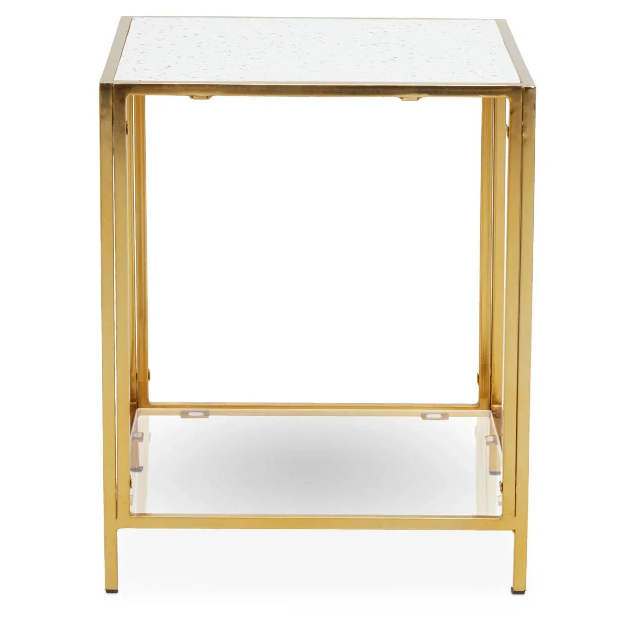 Gold metal side table with clear glass top and open frame design, front angle view