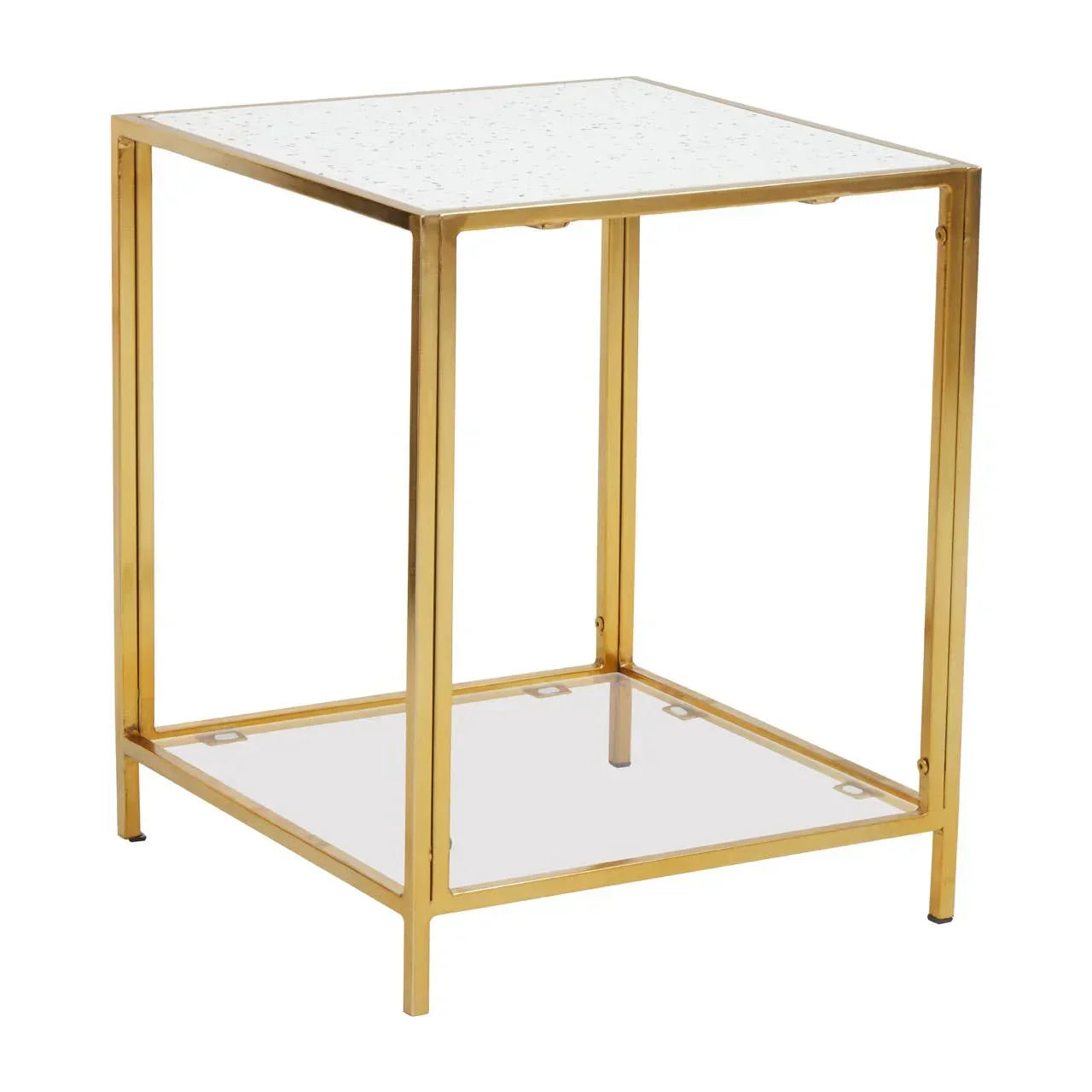 Gold metal side table with square clear glass top and lower shelf