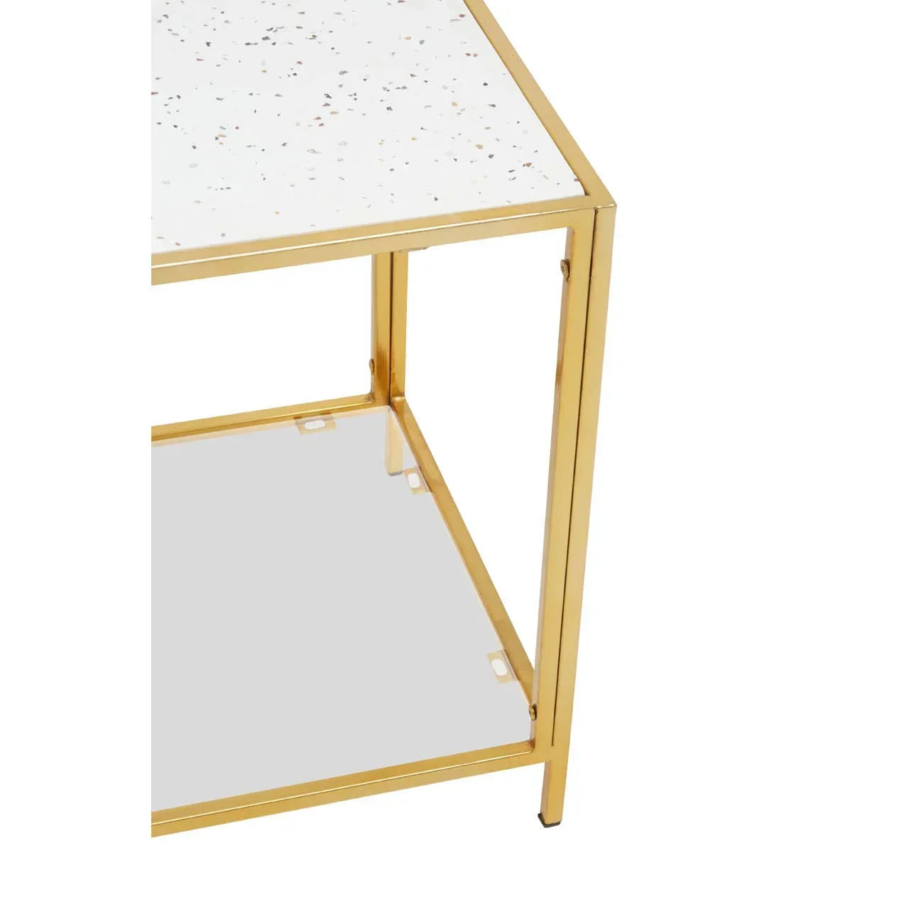 Gold metal frame side table with white terrazzo top and glass lower shelf