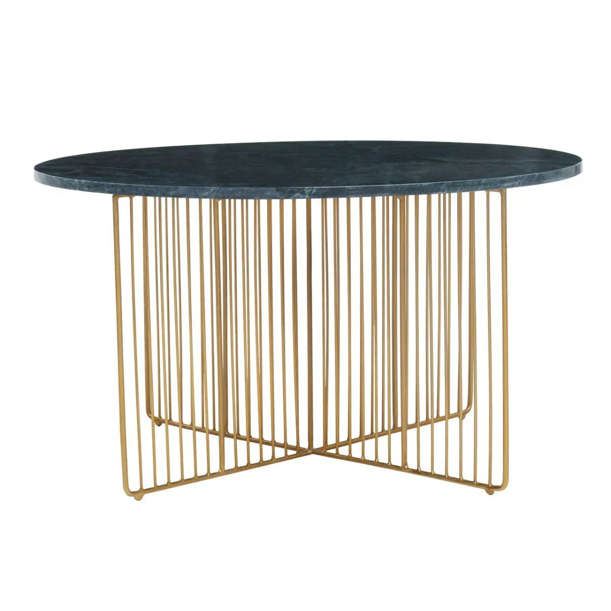 Round dining table with black marble top and gold metal wire base