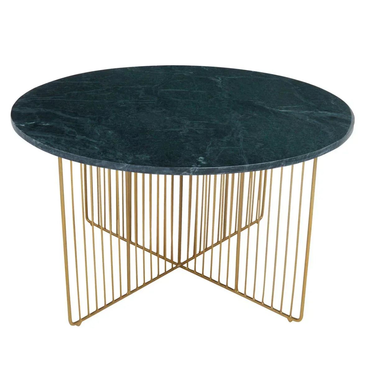 Round marble coffee table with green top and gold metal wire base