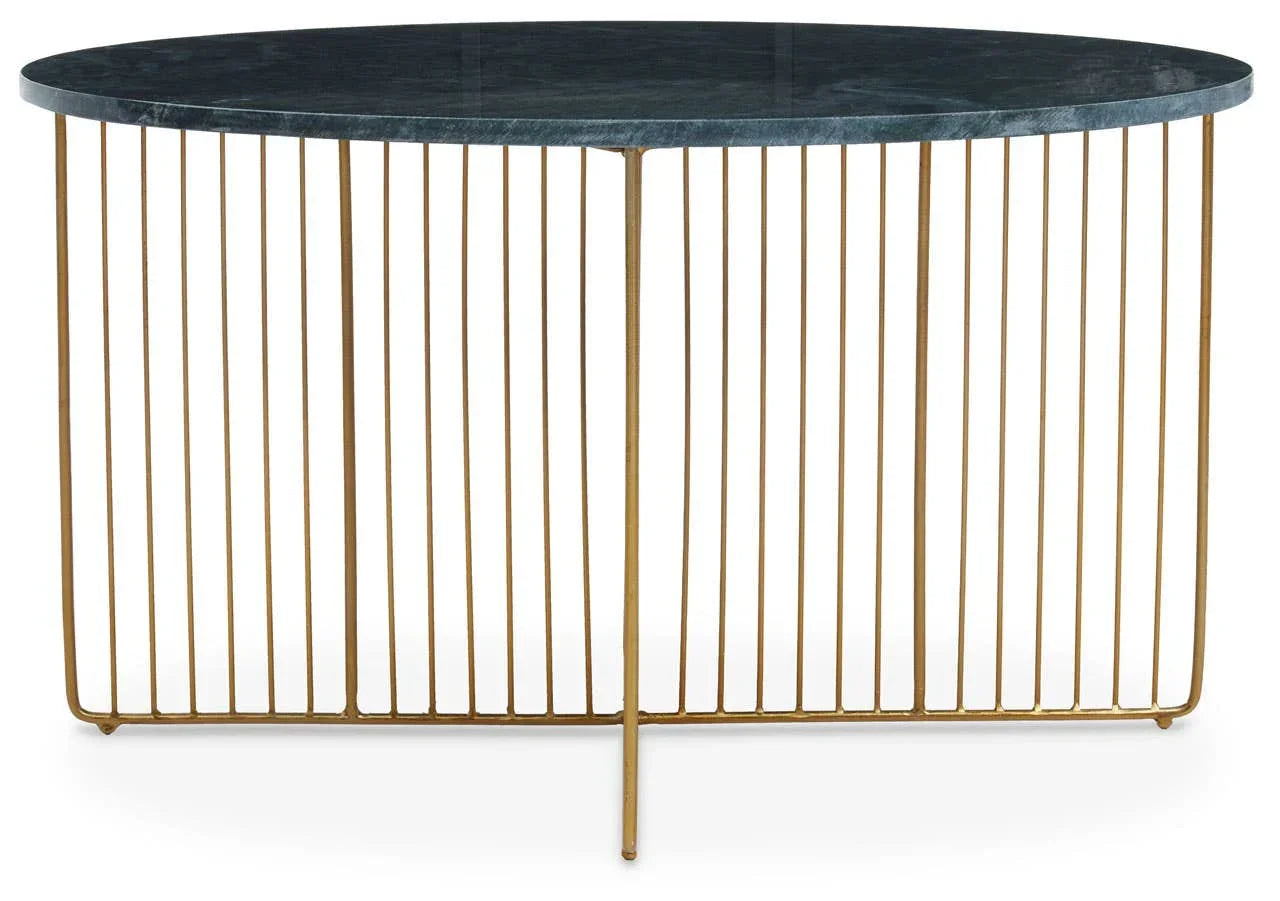 Oval marble coffee table with gold metal wire base, front view