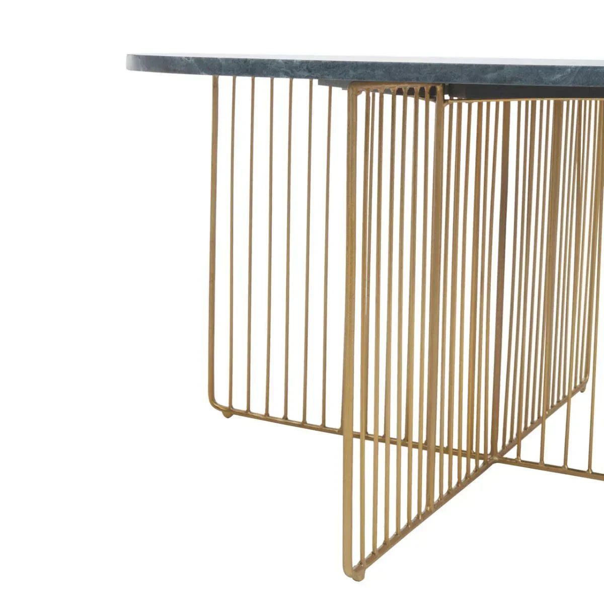 Round marble dining table with gold metal wire base, close-up of base and edge