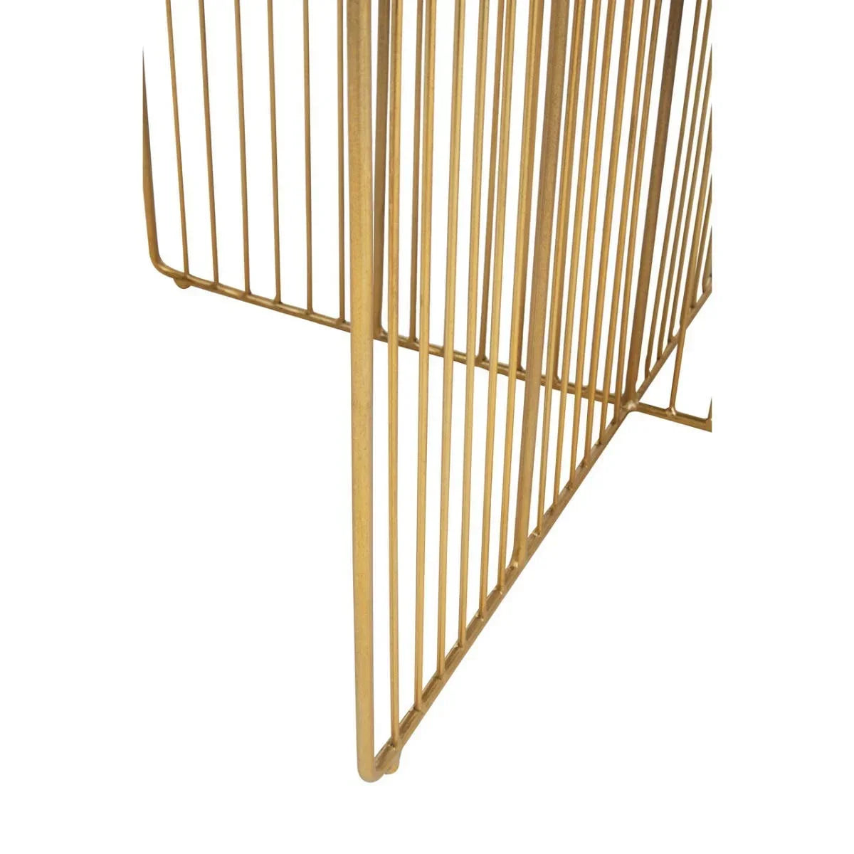 Gold metal side table base with vertical rod design, close up on corner details