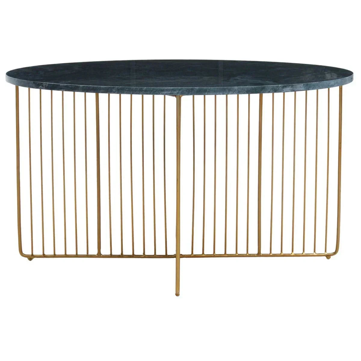 Round coffee table with black marble top and gold metal wire base on white background