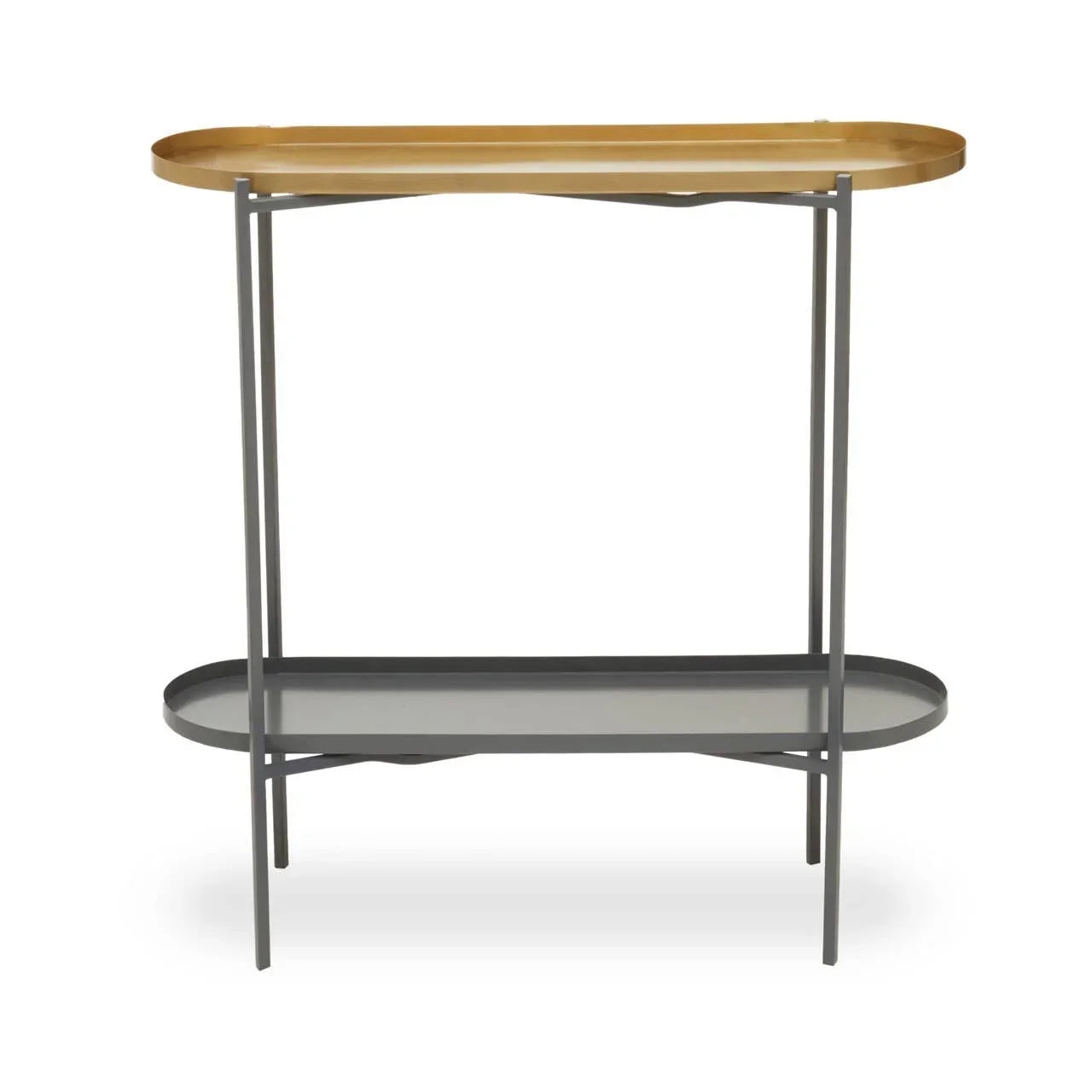 Gold and grey metal console table with two shelves and slim frame
