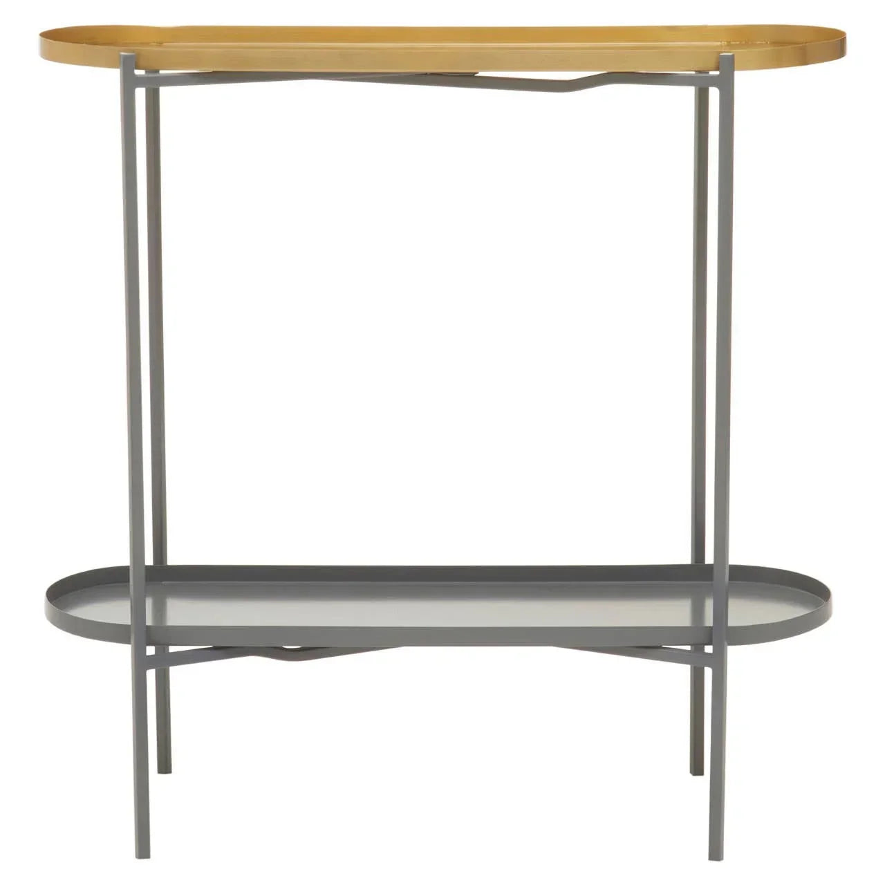 Two-tier console table with light wood top, grey metal frame and lower shelf
