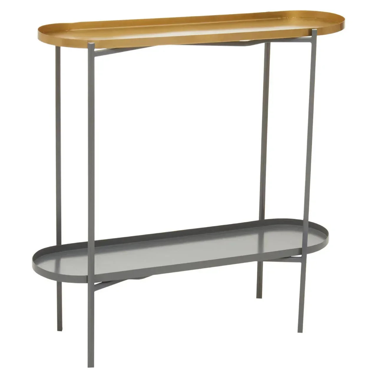 Modern console table with gold metal top shelf and grey lower shelf on slim frame