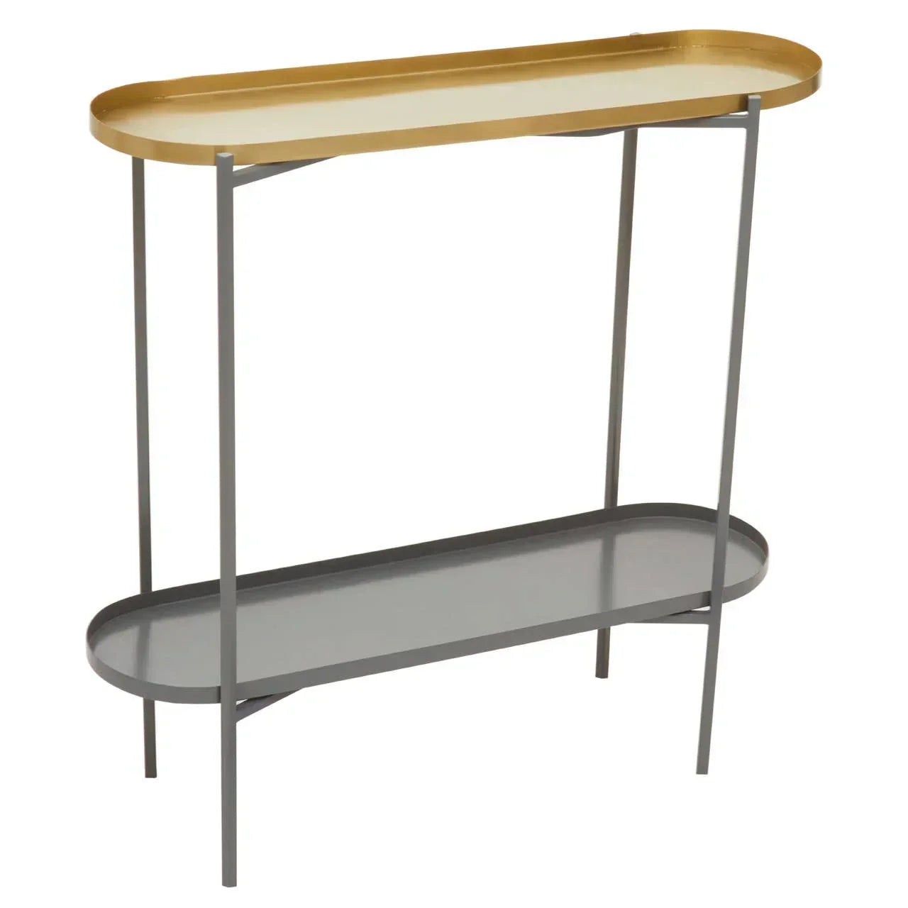 Modern console table with gold top tray, slim metal frame and lower grey shelf