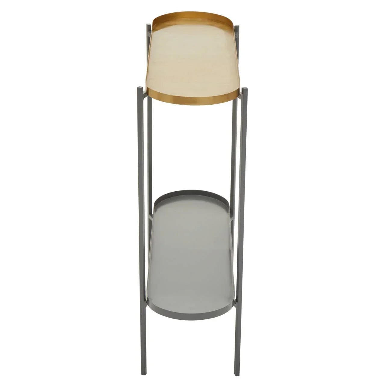 Tall side table with gold tray top, two-tier metal frame, and lower silver shelf