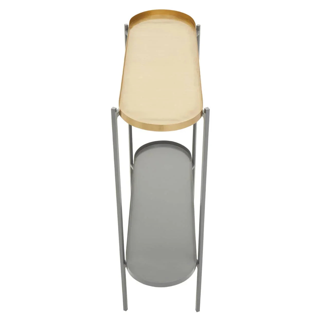 Gold and grey metal side table with two-tier oval trays, viewed from above