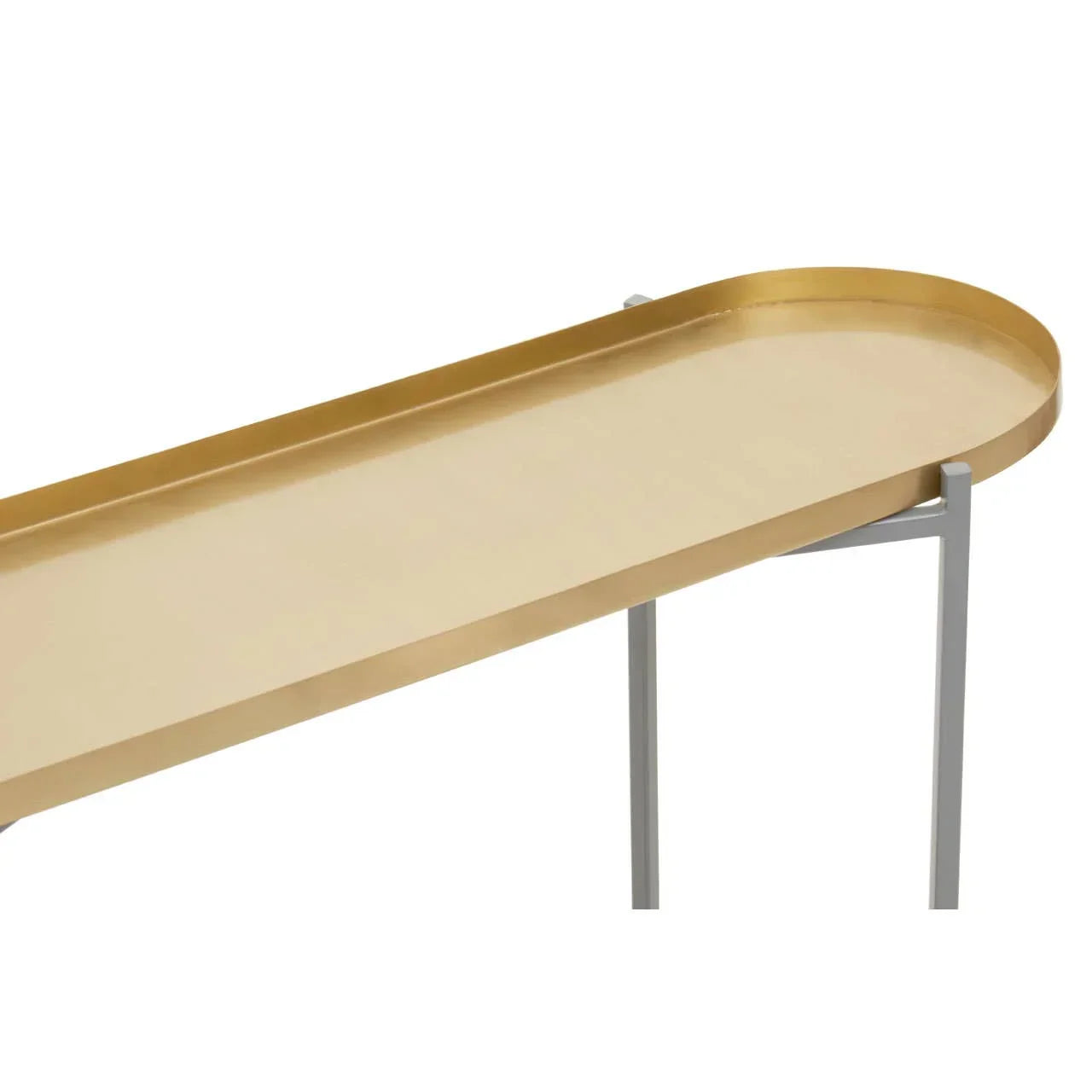 Gold finish console table with slim metal legs and rounded edge tabletop