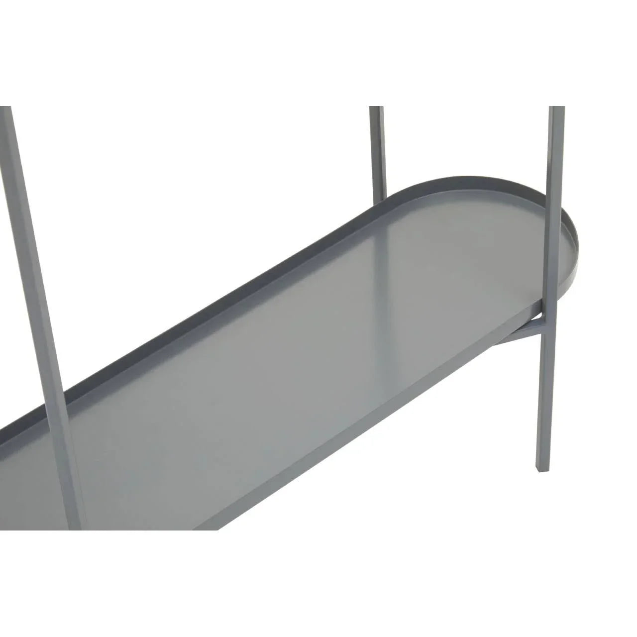 Close up of grey metal console table shelf and slim frame