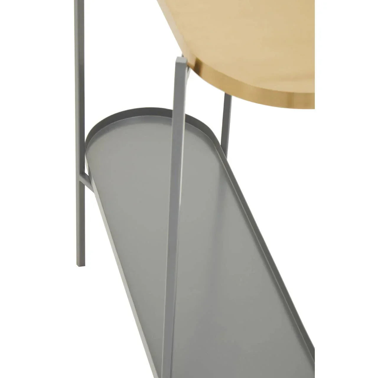 Gold metal console table with grey lower shelf and frame, close-up detail view