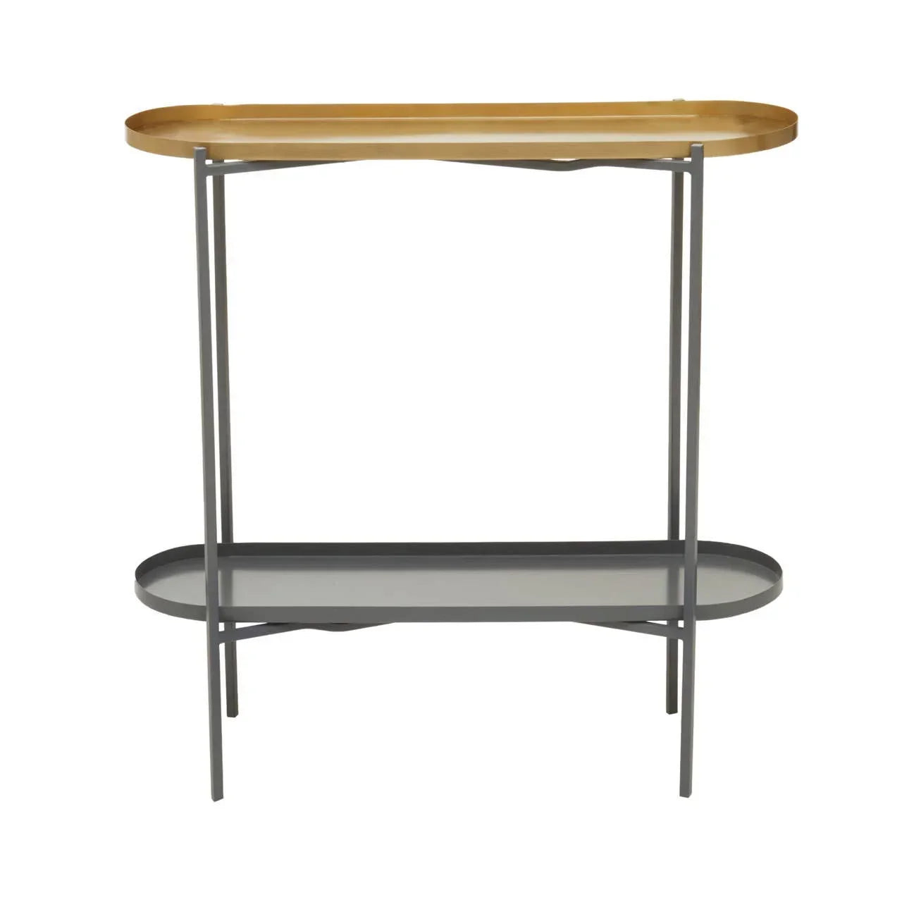 Metal console table with gold top shelf and grey lower shelf, minimalist design