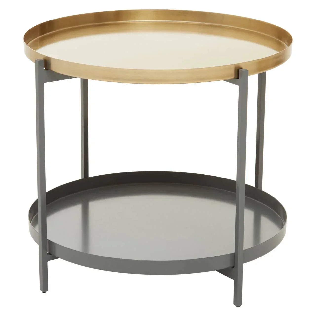 Round metal side table with gold top tray, black lower shelf and slim frame