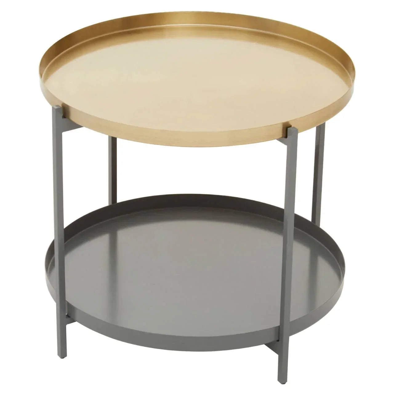 Round metal side table with gold top tray, grey frame and lower shelf, modern style