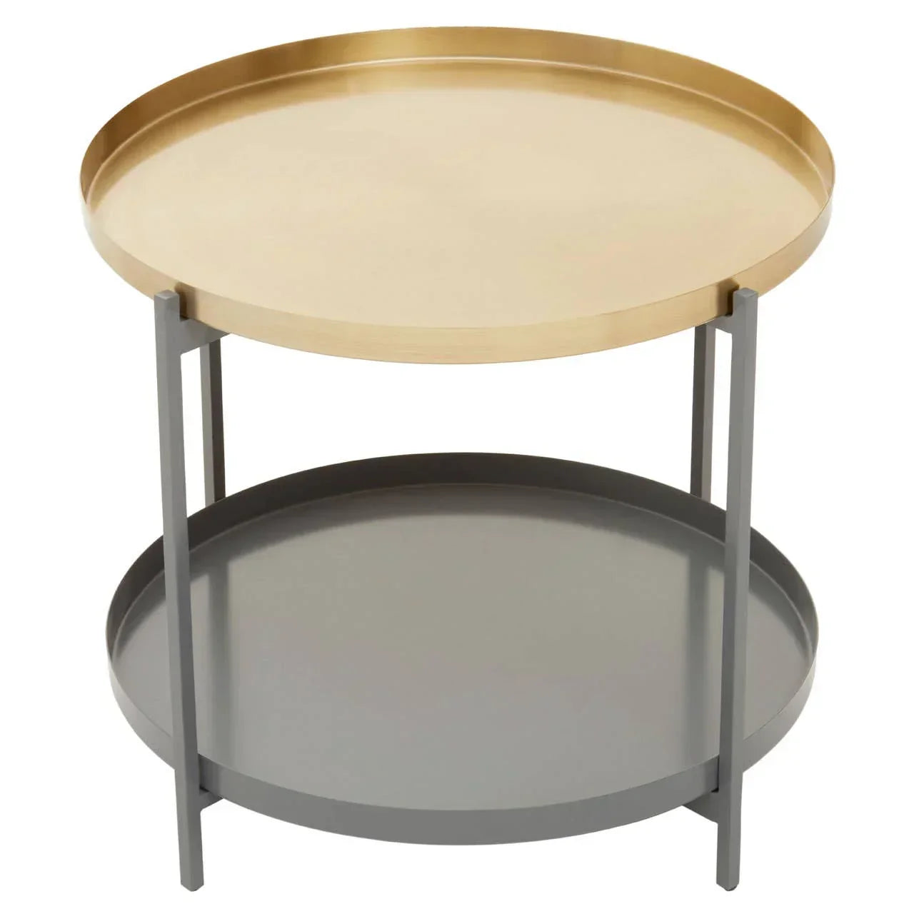 Round metal side table with gold top tray and grey lower shelf, modern design