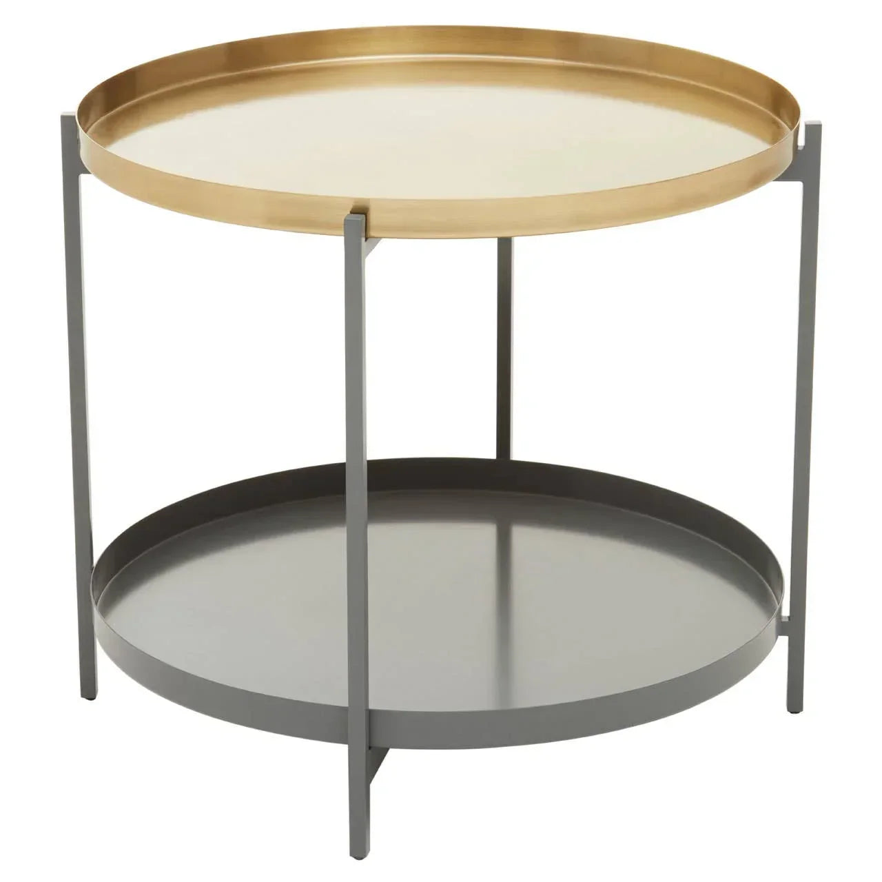 Round metal side table with gold tray top and grey lower shelf