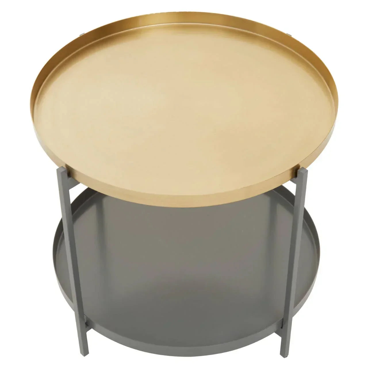 Round gold metal side table with grey lower shelf and minimalist frame