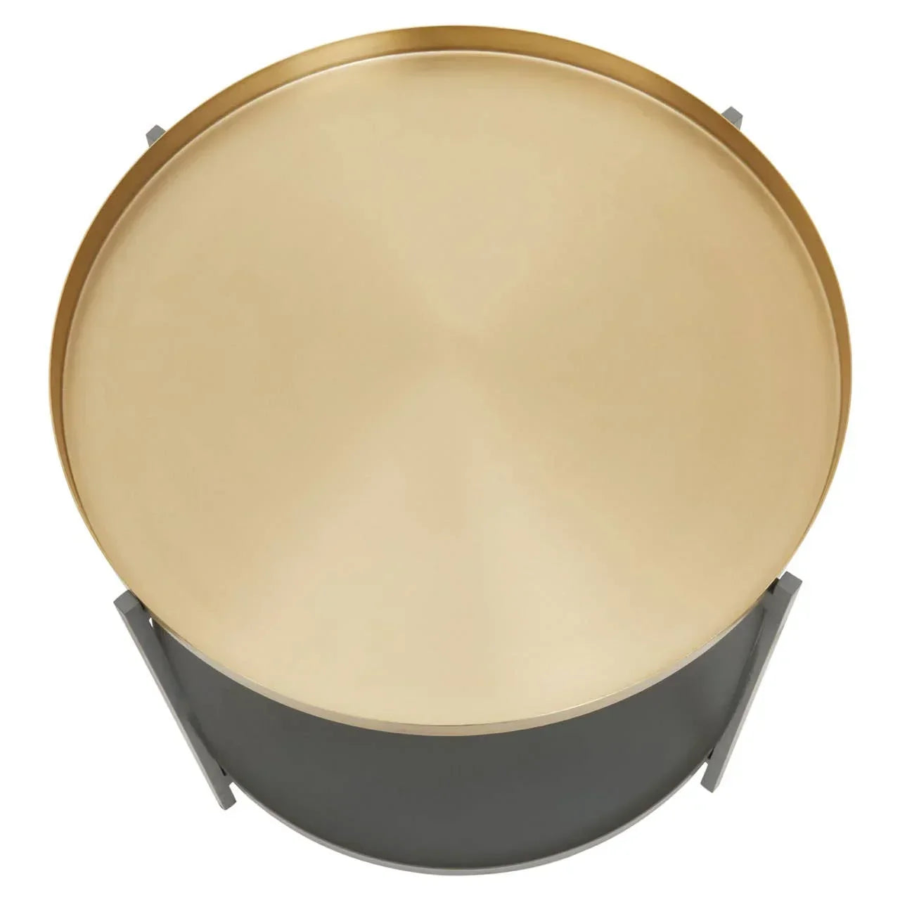 Round gold metal coffee table with black cylindrical base, top view