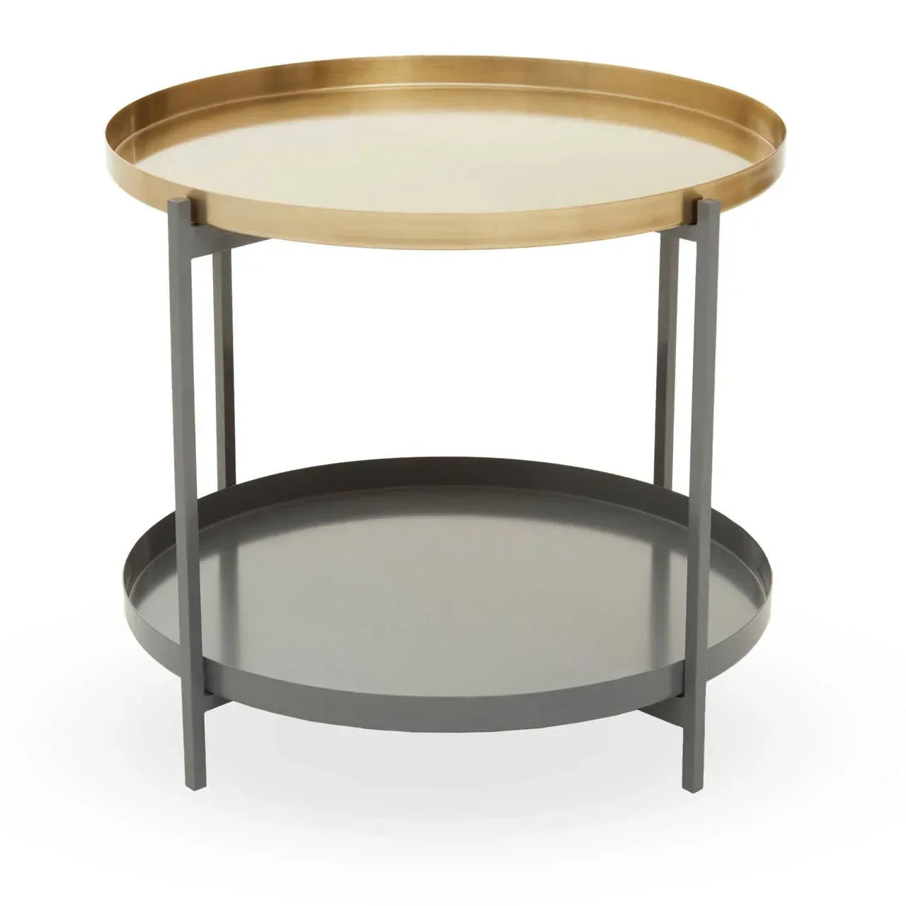 Round metal side table with gold top tray and dark lower shelf, modern accent furniture