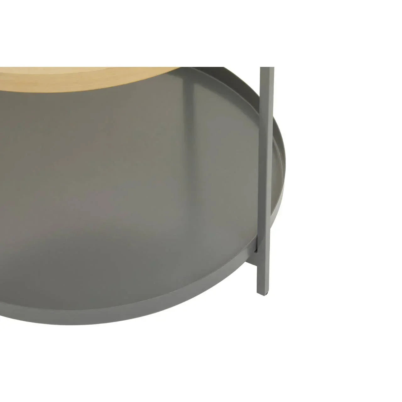 Grey metal side table base with circular shelf and visible frame detail