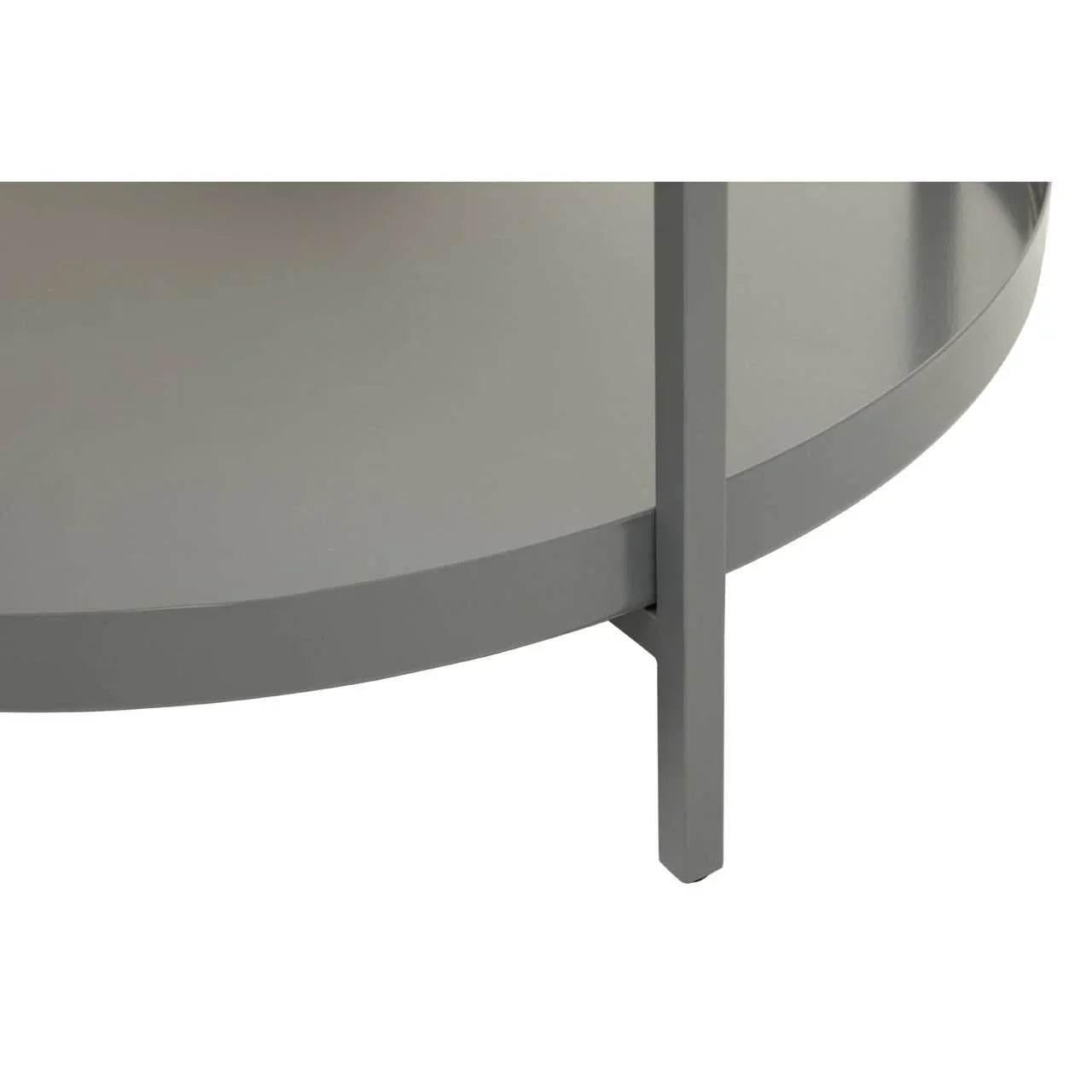 Round grey metal coffee table with lower shelf and straight leg detail