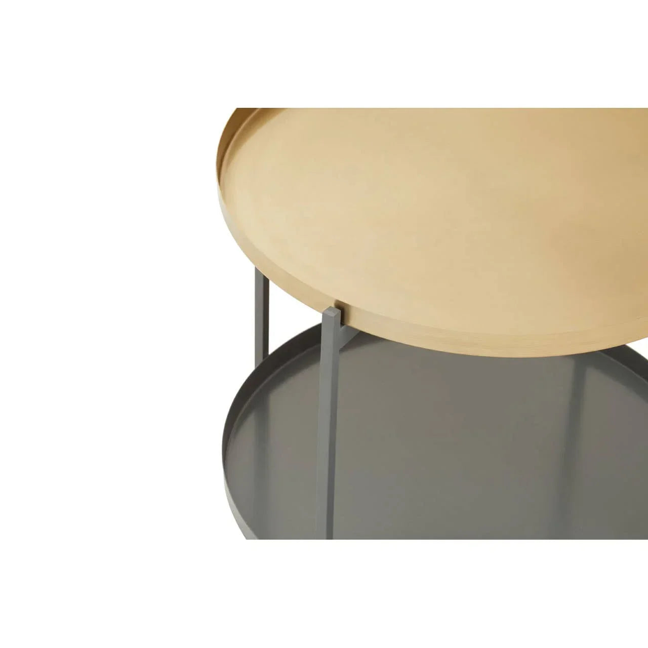 Round two tier side table with light wood top and grey lower shelf